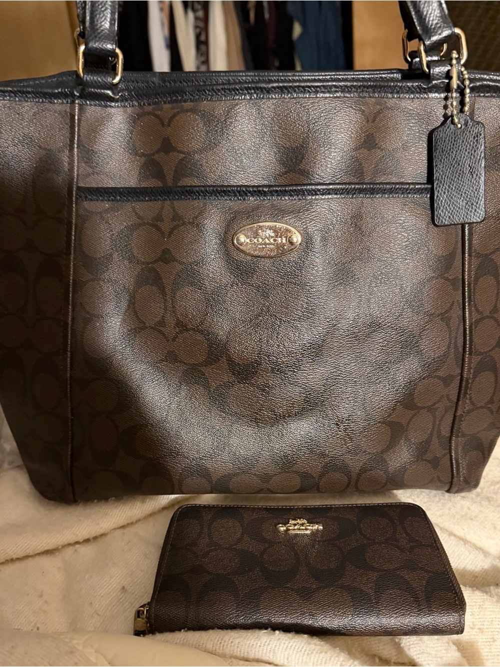 Coach Brown Peyton Signature Canvas Tote with Matching Zip Wallet